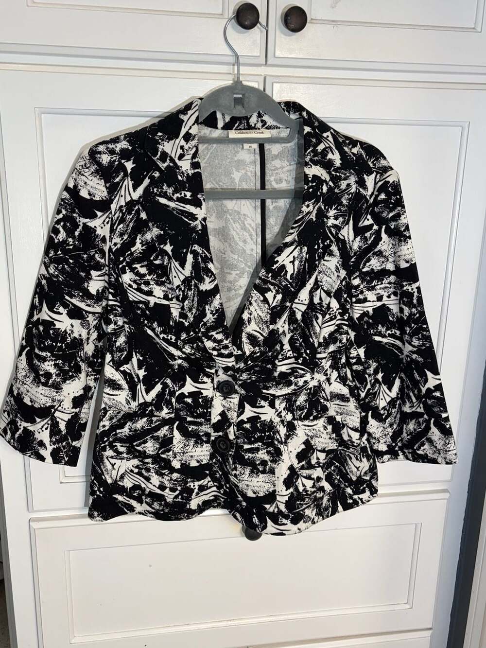 Coldwater Creek Black & White Abstract Leaf Print Cotton Open Blazer Size P6